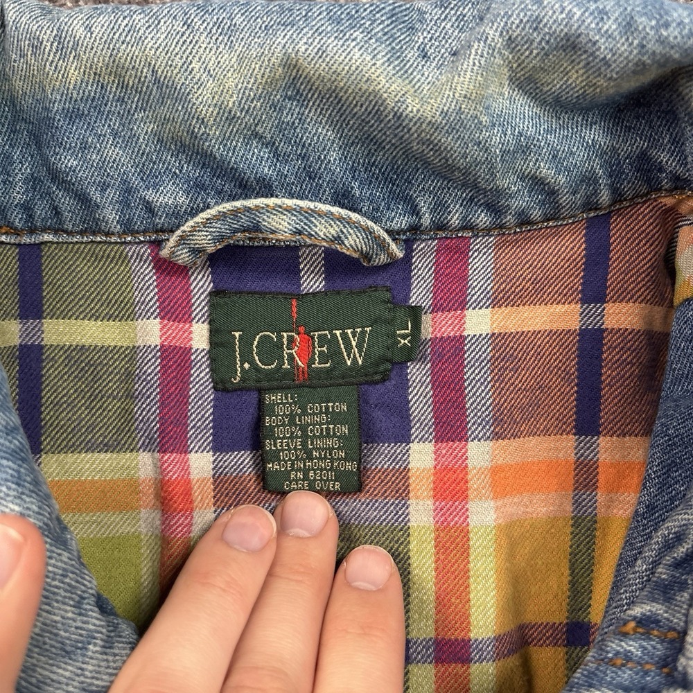 Vintage 90s J. Crew Chore Coat Jacket Mens XL Blue Denim Flannel Lined Oarsman - Picture 8 of 12